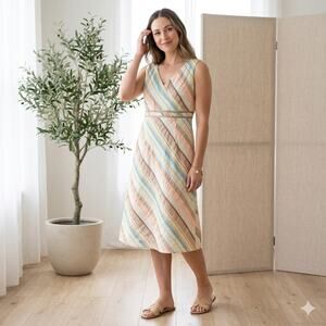 Paraphrase Vintage Y2K Striped Midi Dress Size 10 Cotton Pintuck Pastel Multi